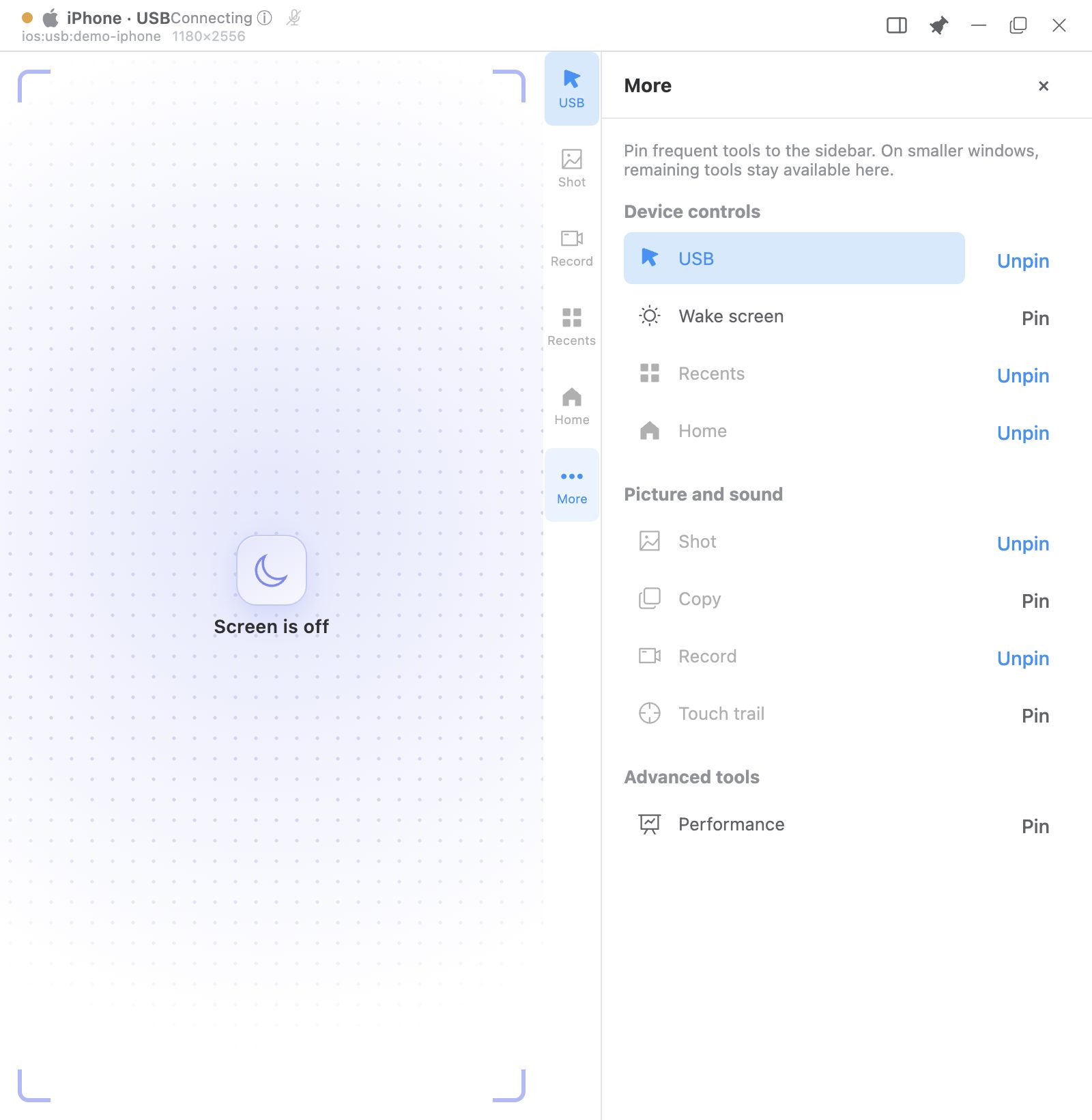 iPhone USB control toolbar